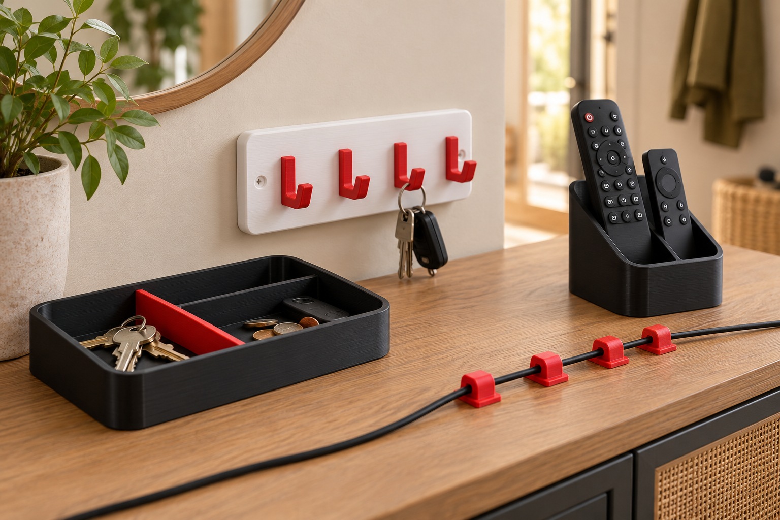 Idées de rangements imprimés en 3D pour la maison : vide-poche, porte-clés, support de télécommandes et clips de câbles
